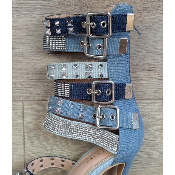 Azalea Wang Trace Heels 6 Denim Strappy Mid Calf Silver Studded Rhinestone NEW - Picture 4 of 12